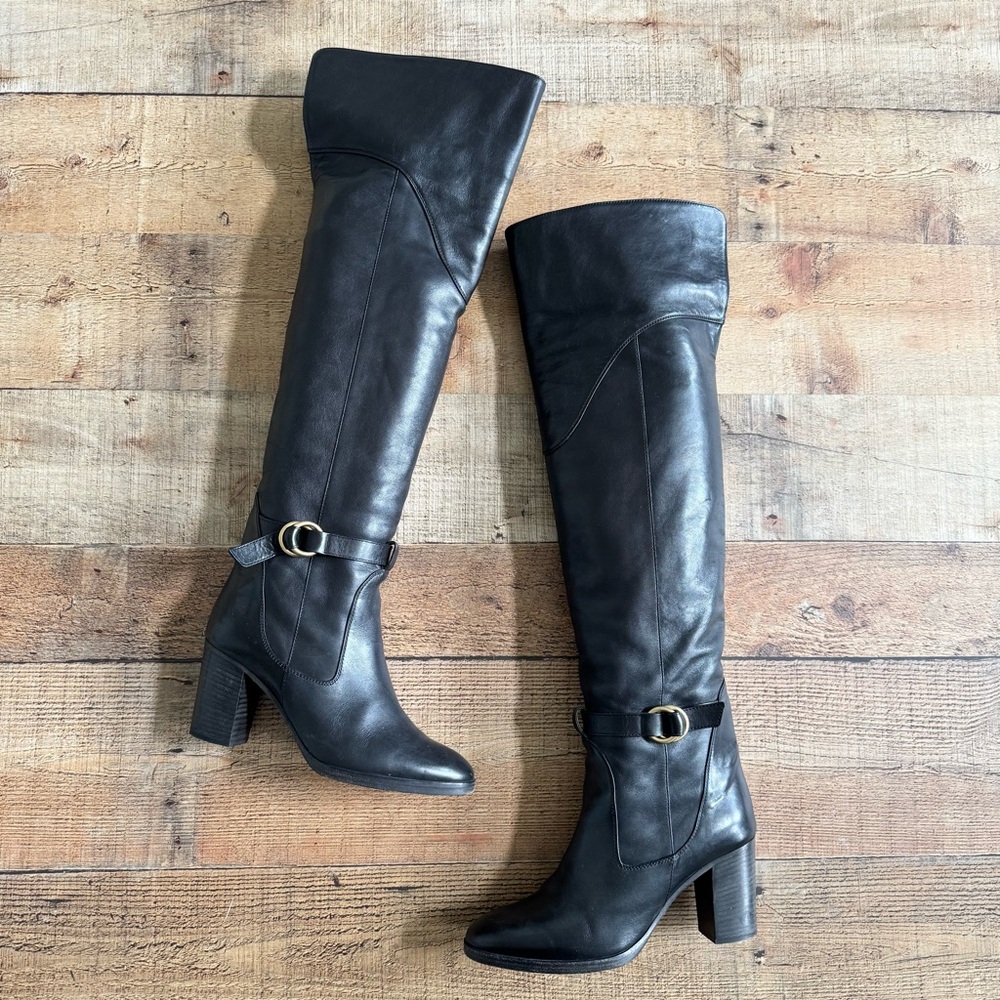 Chloe Fold Over Knee High Heel Leather Boots Black 37.5 US 7.5